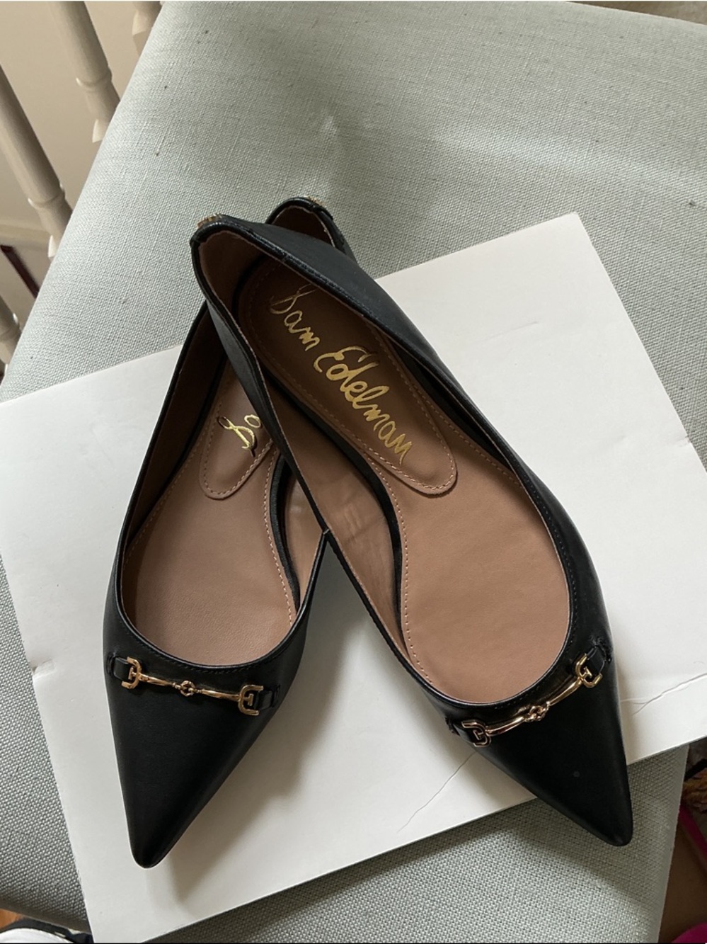 Sam Edelman Black Pointed Leather Ballet Flats with Gold Horsebit
